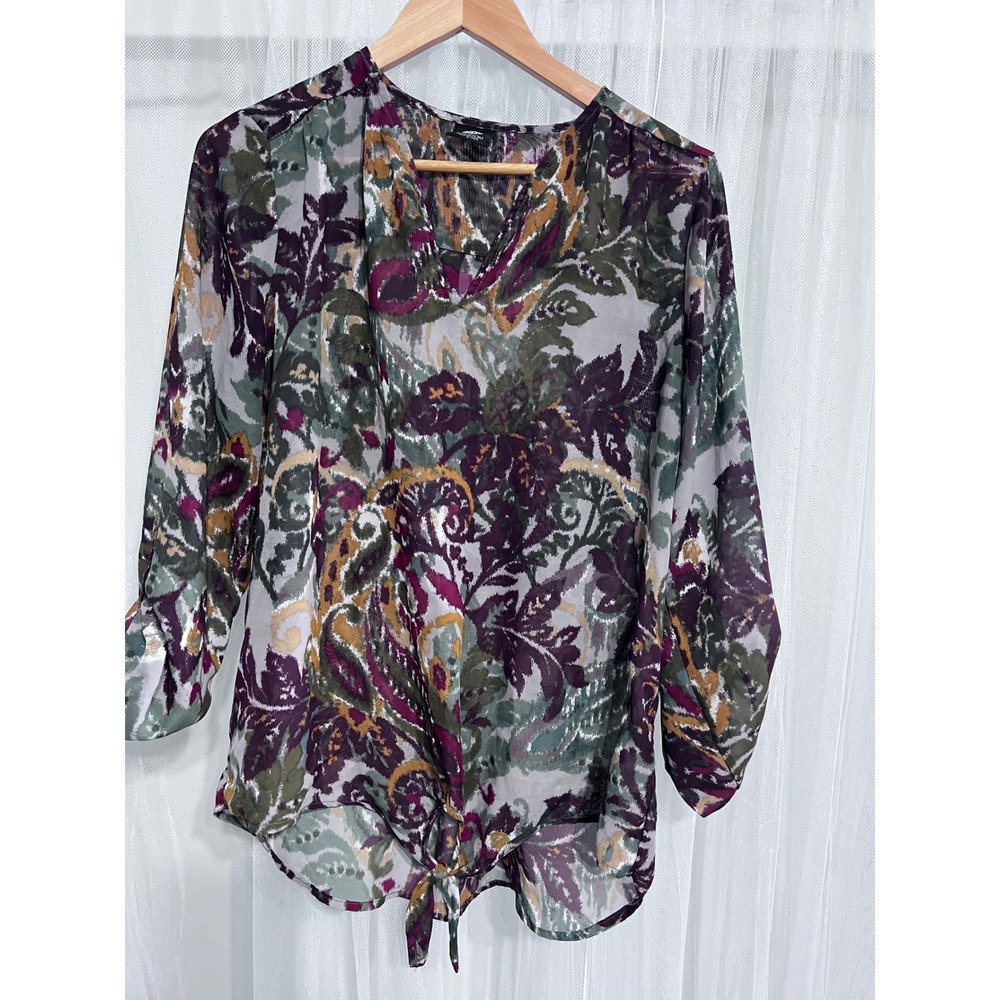 Bobeau Womens Large Paisley Floral Tie Front Blouse Purple Green Roll Tab Sleeve